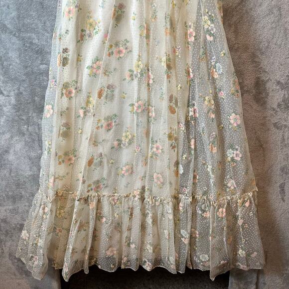 Vintage 70s Sheer Floral Maxi Dress Cottagecore Prairie Lace Puff Sleeve Gown XS - Picture 4 of 7